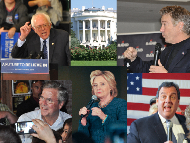 Pictured are some of the presidential candidates who have been campaigning around Iowa ahead of the state&#039;s caucuses on Feb. 1, including (clockwise from top left) Democratic candidate Bernie Sanders, Republican candidates Rand Paul and Chris Christie, Democratic candidate Hillary Clinton and Republican candidate Jeb Bush. (DTN photos by Chris Clayton) 